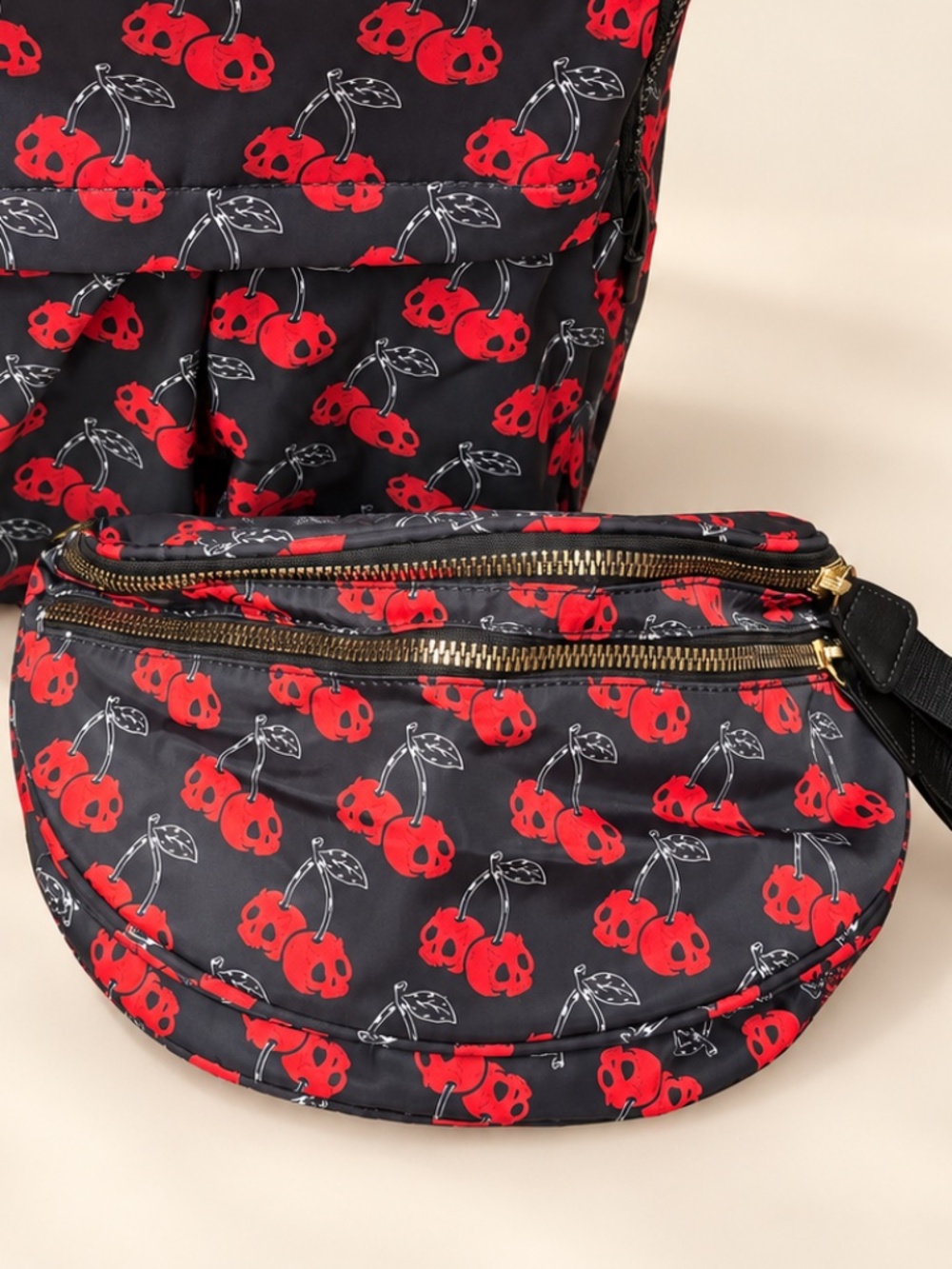 Emmafy Cherry Skull Crossbody Belt Bag Black & Red Halloween - NWOT